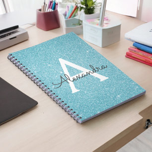 Teal Aqua Blue Glitter Gnistra Monogram bärbar dat Anteckningsbok