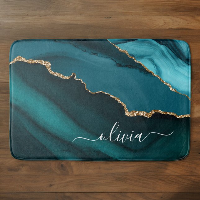 Teal Aqua Blue Grönt Agate Geode Guld Monogram Badrumsmatta (Skapare uppladdad)