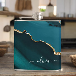 Teal Aqua Blue Grönt Agate Geode Guld Monogram Fickplunta