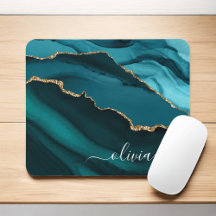 Teal Aqua Blue Grönt Agate Geode Guld Monogram