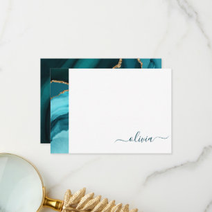 Teal Aqua Blue Grönt Agate Geode Guld Monogram Tack Kort