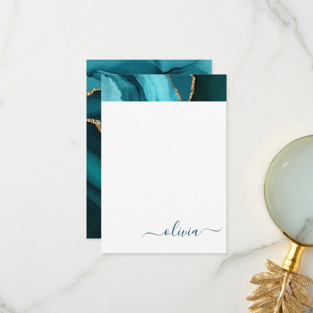 Teal Aqua Blue Grönt Agate Geode Guld Monogram Tack Kort (Fram/Back In Situ)