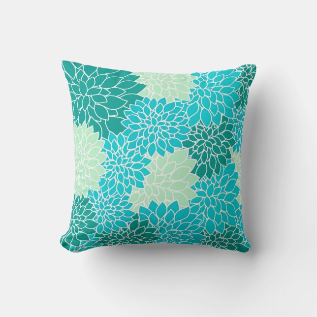 Teal Aqua Blue Grönt Flowers Blommigt Dekorativ ku Kudde (Framsida)