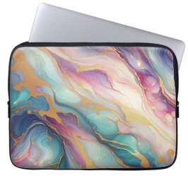 Teal Aqua Blue Lila Rosa Guld Marble Art Mönster Laptop Fodral