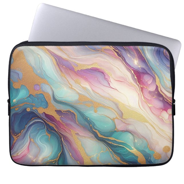 Teal Aqua Blue Lila Rosa Guld Marble Art Mönster Laptop Fodral (Framsidan)