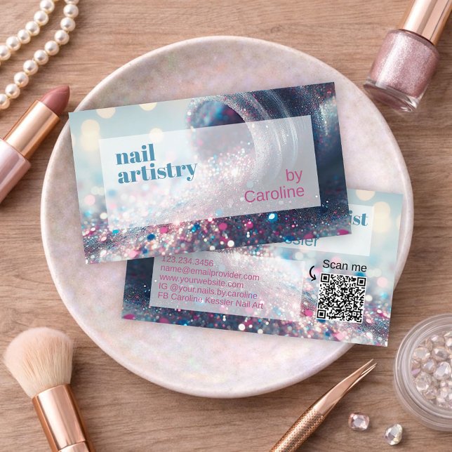 Teal Aqua Blue Shock rosa Glitter Nagel Polen Visitkort (Skapare uppladdad)