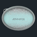 Teal Aqua Blue Silver Glitter Girly Monogram Namn<br><div class="desc">Aqua Blue Teal och Silver Gnistra Glitter Monogram Namn Bälte Buckle. Detta gör perfekt studenten,  söt 16 16,  18,  21,  30,  40,  50,  60,  70,  80,  90:e,  100-årsdag,  bröllop,  möhippa,  årsdag,  babydusch eller bachelorette-gåva till någon som glam lyx och chic stilar.</div>