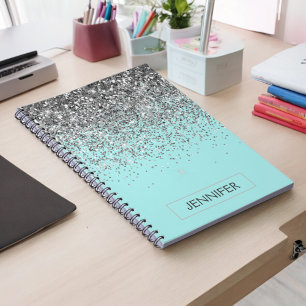 Teal Aqua Blue Silver Glitter Girly Monogram Namn Anteckningsbok