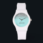 Teal Aqua Blue Silver Glitter Girly Monogram Namn Armbandsur<br><div class="desc">Aqua Blue Teal och Silver Gnistra Glitter Monogram Namn Watch Det gör perfekt studenten,  födelsedag,  bröllop,  möhippa,  årsdag,  babydusch eller bachelorette-fest till någon som glam lyx och chic stilar.</div>