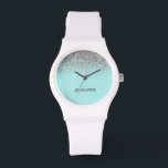 Teal Aqua Blue Silver Glitter Girly Monogram Namn Armbandsur<br><div class="desc">Aqua Blue Teal och Silver Gnistra Glitter Monogram Namn Watch Det gör perfekt studenten,  födelsedag,  bröllop,  möhippa,  årsdag,  babydusch eller bachelorette-fest till någon som glam lyx och chic stilar.</div>