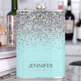 Teal Aqua Blue Silver Glitter Girly Monogram Namn Fickplunta