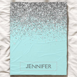 Teal Aqua Blue Silver Glitter Girly Monogram Namn Fleecefilt