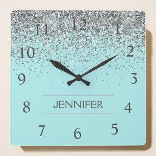 Teal Aqua Blue Silver Glitter Girly Monogram Namn Fyrkantig Klocka