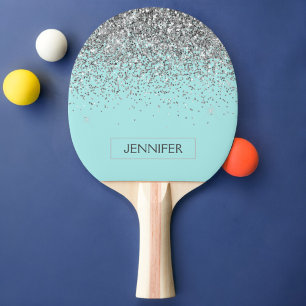 Teal Aqua Blue Silver Glitter Girly Monogram Namn Pingisracket