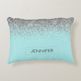 Teal Aqua Blue Silver Glitter Girly Monogram Namn Prydnadskudde