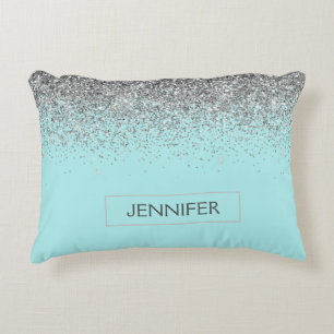 Teal Aqua Blue Silver Glitter Girly Monogram Namn Prydnadskudde