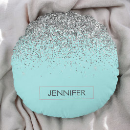 Teal Aqua Blue Silver Glitter Girly Monogram Namn Rund Kudde