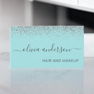 Teal Aqua Blue Silver Glitter Hair Makeup Salon Visitkort