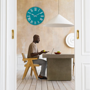 Teal Aqua Blue Silver Grått Roman Stor Klocka