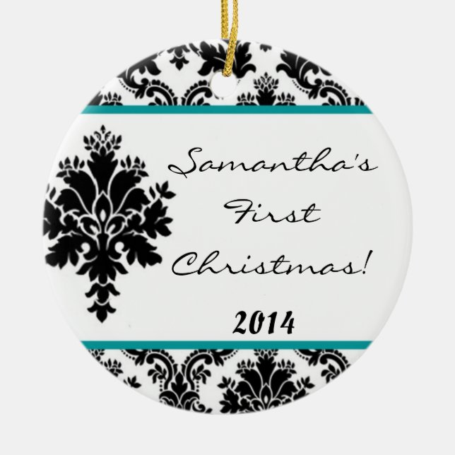 Teal Aqua Damask Snöre Personlig Namn Ornament (Framsidan)