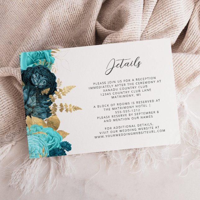 Teal Aqua Floral Gold Script Wedding Details  Tilläggskort (Skapare uppladdad)