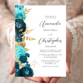 Teal Aqua Floral Gold Script Wedding Inbjudningar