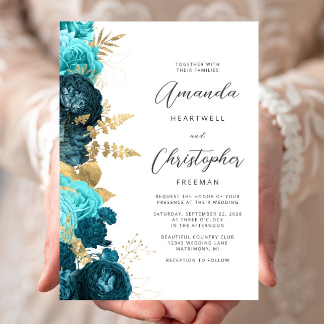 Teal Aqua Floral Gold Script Wedding Inbjudningar (Skapare uppladdad)
