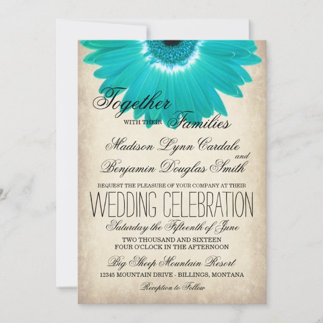 Teal Aqua Gerber Daisy Rustic bröllopsinbjudningar Inbjudningar (Framsida)