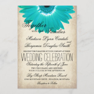 Teal Aqua Gerber Daisy Rustic bröllopsinbjudningar Inbjudningar