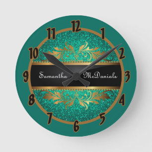 Teal Aqua Glitter Sequin Disco Personlig Clock Rund Klocka