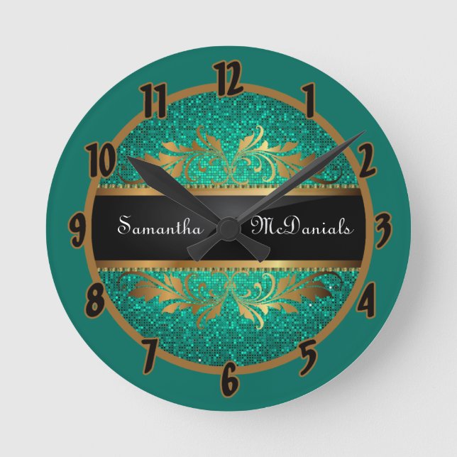 Teal Aqua Glitter Sequin Disco Personlig Clock Rund Klocka (Framsida)
