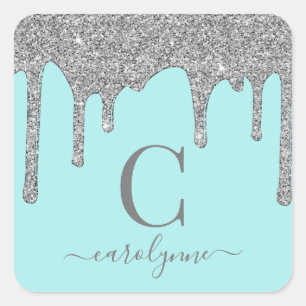 Teal Aqua Gnistra Silver Glitter Drives Monogram Fyrkantigt Klistermärke