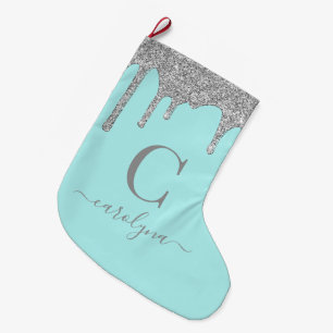 Teal Aqua Gnistra Silver Glitter Drives Monogram Stor Julstrumpa