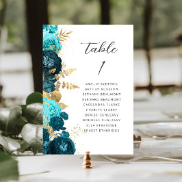 Teal Aqua Gold Floral Modern Script Wedding Bordsnummer