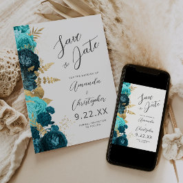 Teal Aqua Gold Floral Script Save the Date Meddelande