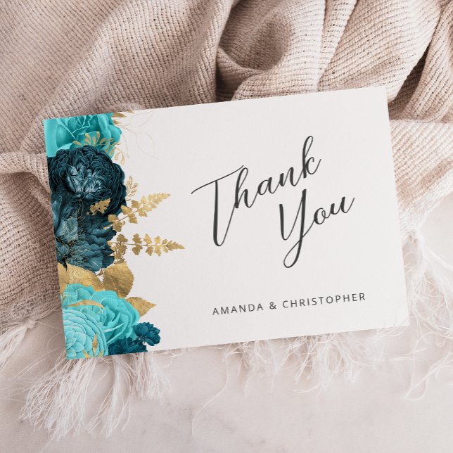 Teal Aqua Gold Floral Wedding Flat Thank You Kort (Skapare uppladdad)