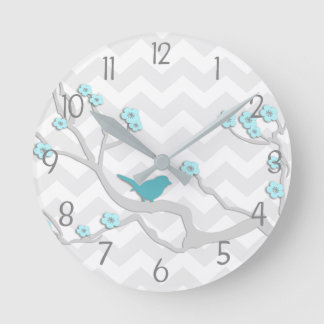 Teal Aqua Grått Bird on Gren Nursery Wall Clock Rund Klocka