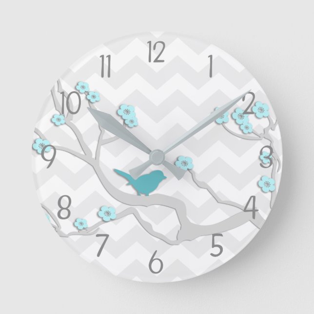 Teal Aqua Grått Bird on Gren Nursery Wall Clock Rund Klocka (Framsida)