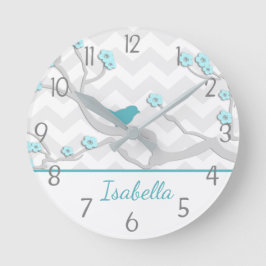 Teal Aqua Grått Bird on Gren Nursery Wall Clock Rund Klocka