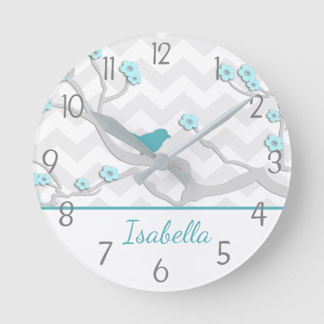 Teal Aqua Grått Bird on Gren Nursery Wall Clock Rund Klocka (Framsida)