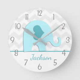 Teal Aqua Grått Elephant Nursery Wall Clock Rund Klocka