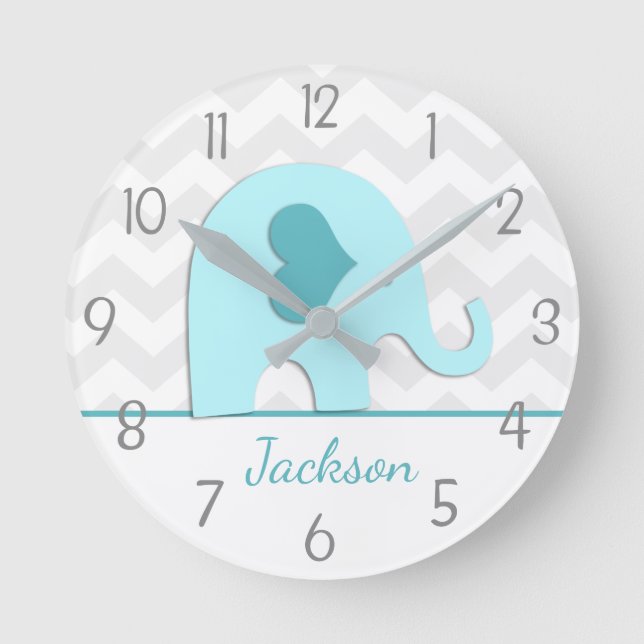 Teal Aqua Grått Elephant Nursery Wall Clock Rund Klocka (Framsida)