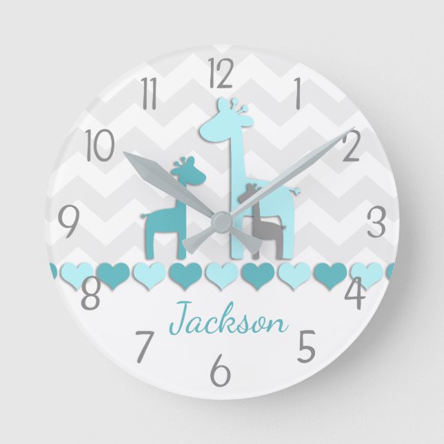 Teal Aqua Grått Giraffe Nursery Wall Clock Rund Klocka (Framsida)