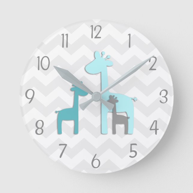 Teal Aqua Grått Giraffe Nursery Wall Clock Rund Klocka (Framsida)