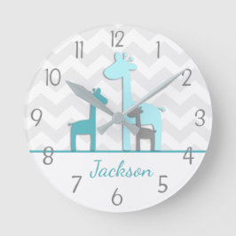 Teal Aqua Grått Giraffe Nursery Wall Clock Rund Klocka