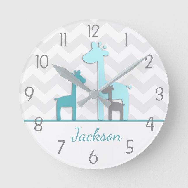 Teal Aqua Grått Giraffe Nursery Wall Clock Rund Klocka (Framsida)