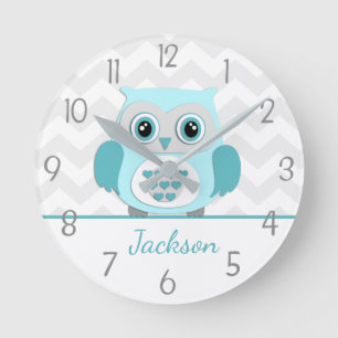 Teal Aqua Grått Uggla Nursery Wall Clock Rund Klocka