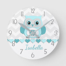 Teal Aqua Grått Uggla Nursery Wall Clock