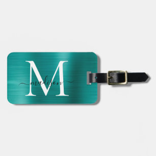 Teal Aqua Grönt Brushed Metall Script Monogram Cut Bagagebricka