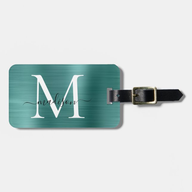 Teal Aqua Grönt Brushed Metall Script Monogram Cut Bagagebricka (Horisontell Framsida)